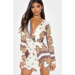 Printed Long Sleeve Silky Wrap Dress